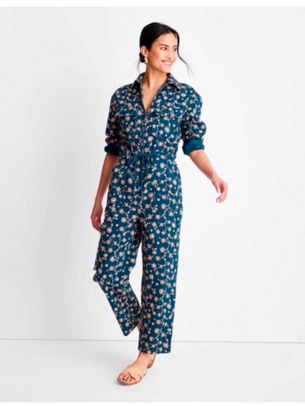 Floral Utility Jumpsuit in Deep Teal